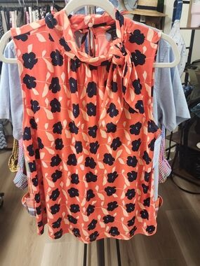 Ann Taylor Coral Sleeveless Tie-Neck Floral Blouse